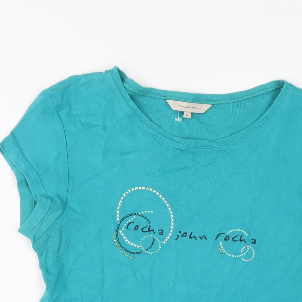 RJR.John Rocha Womens Blue Cotton Basic T-Shirt Size 14 Crew Neck - Embroidered
