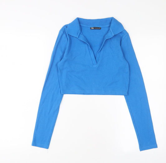Zara Womens Blue Cotton Basic T-Shirt Size M Collared
