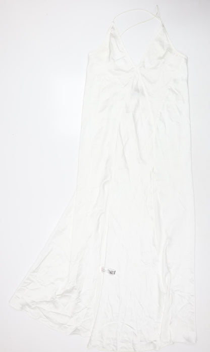 Additional front view of ASOS women’s white polyester maxi, size UK 12, v-neck pullover - side slit(s)