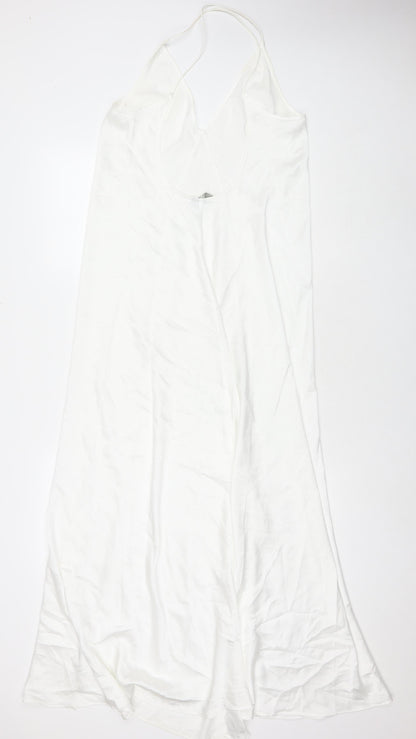 Back view of ASOS women’s white polyester maxi, size UK 12, v-neck pullover - side slit(s)