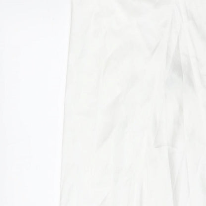 Close-up detail of ASOS women’s white polyester maxi, size UK 12, v-neck pullover - side slit(s)