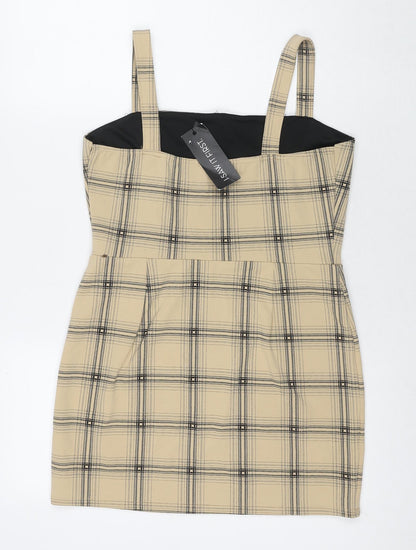 Back view of I SAW IT FIRST women’s beige check polyester tank dress, size UK 14, square neck pullover