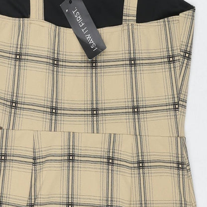 Brand and care label for I SAW IT FIRST women’s beige check polyester tank dress, size UK 14, square neck pullover