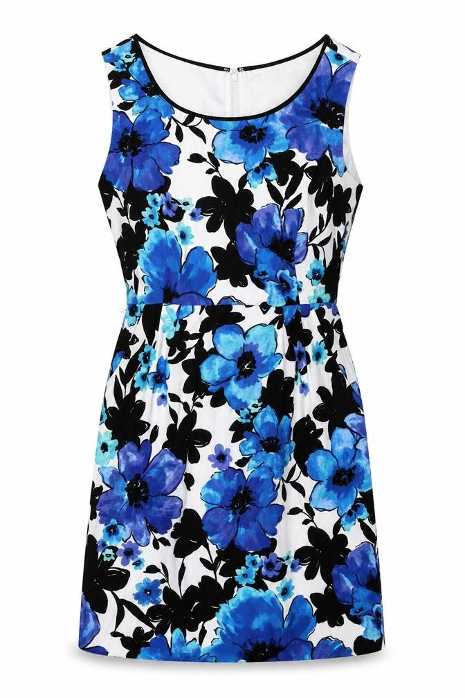 Studio I Womens Blue Floral Polyester A-Line Size 10 Round Neck Zip