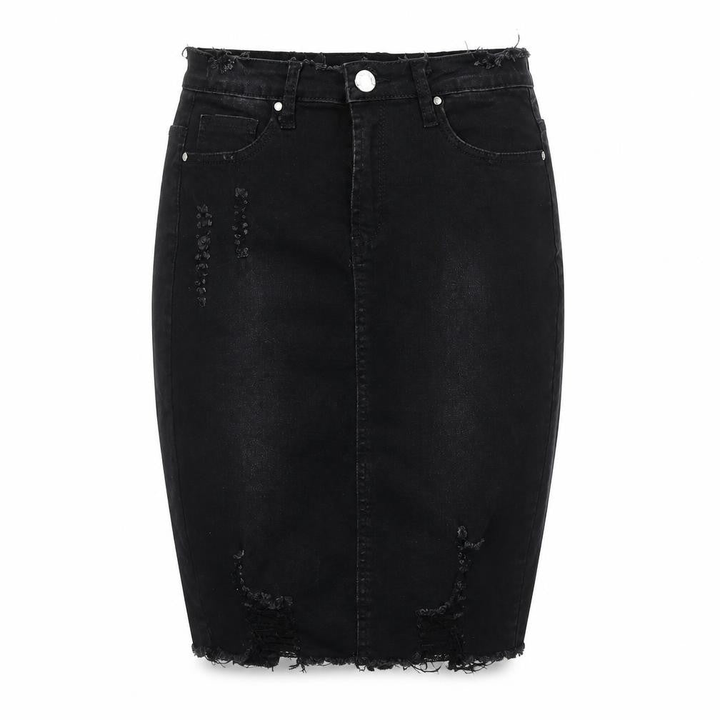 Denim Club Womens Black Cotton Straight & Pencil Skirt Size 10 Button - Destressed