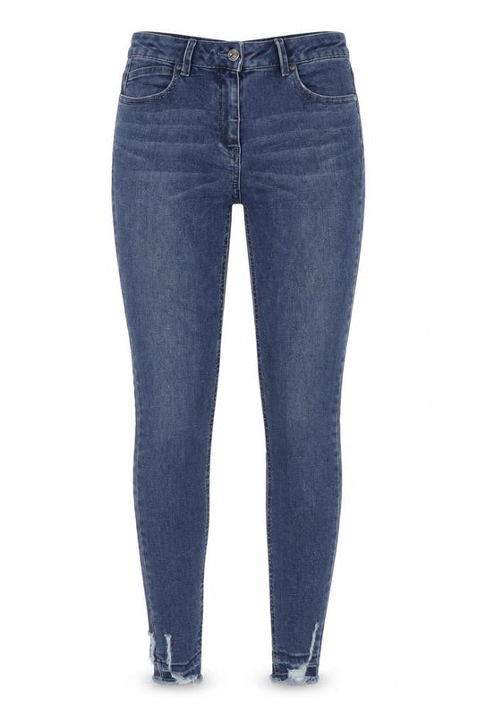 Front view of Papaya women’s blue cotton skinny jeans, size UK 8, 29-inch leg regular button - raw hem