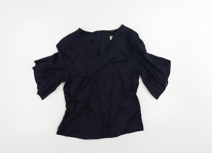 Additional front view of Autograph women’s blue linen basic blouse, size UK 6, v-neck