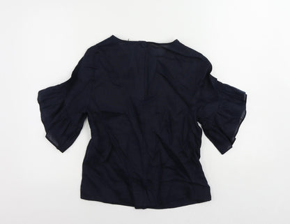 Back view of Autograph women’s blue linen basic blouse, size UK 6, v-neck