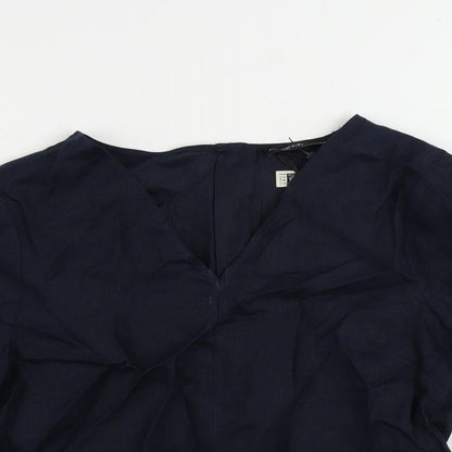 Close-up detail of Autograph women’s blue linen basic blouse, size UK 6, v-neck