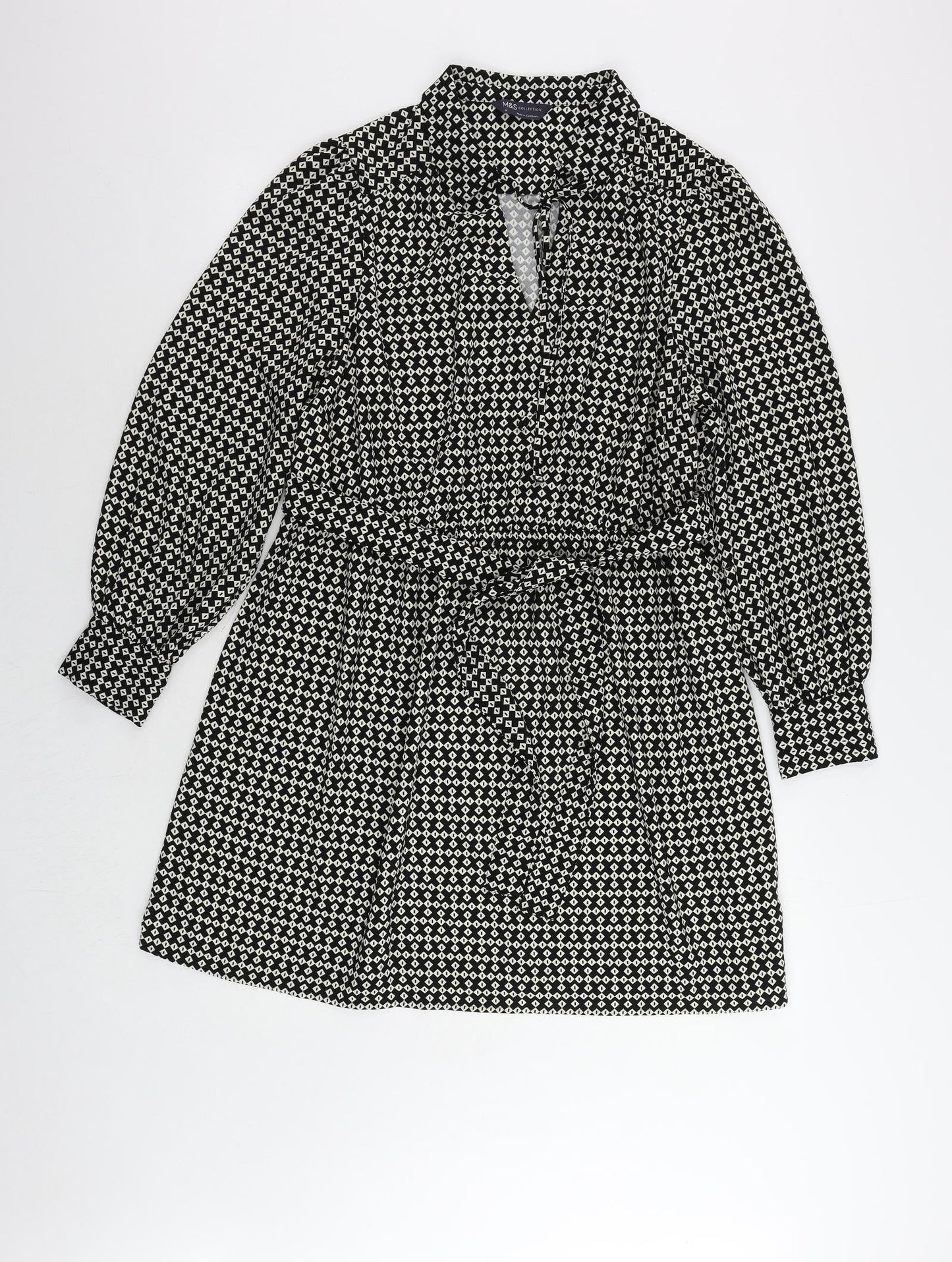 Marks and Spencer Womens Black Geometric Polyester Shirt Dress Size 14 Collared Tie