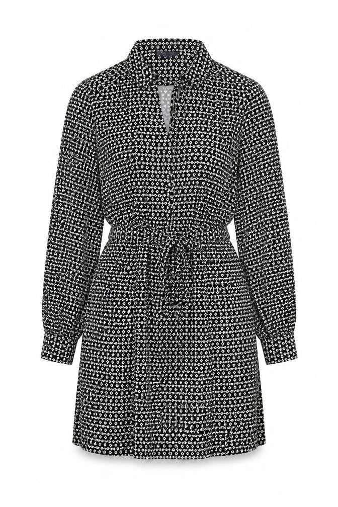 Marks & Spencer Womens Black Geometric Polyester Shirt Dress Size 14 Collared Tie