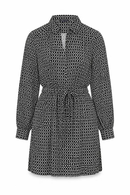 Marks & Spencer Womens Black Geometric Polyester Shirt Dress Size 14 Collared Tie