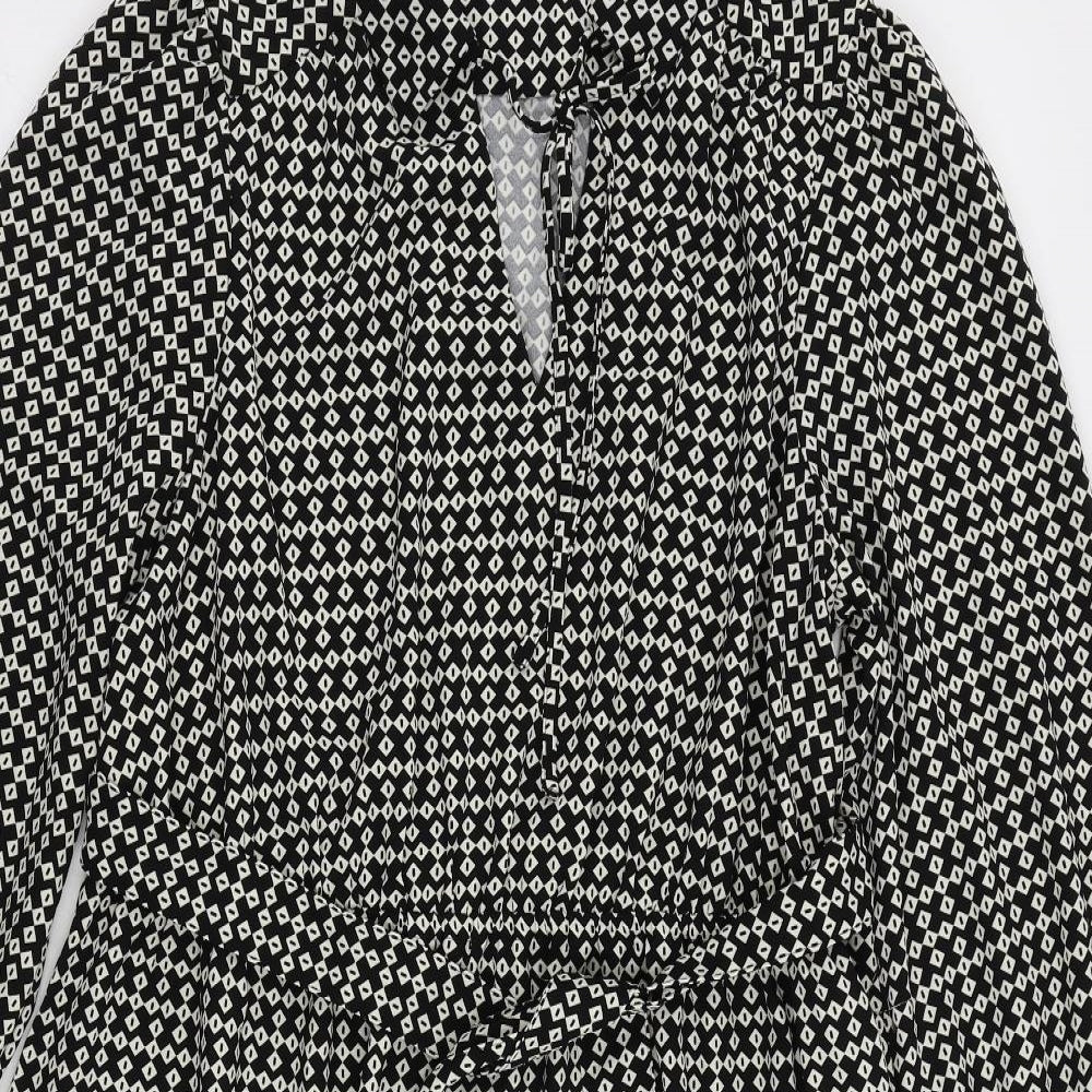 Marks and Spencer Womens Black Geometric Polyester Shirt Dress Size 14 Collared Tie