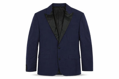 Front view of ASOS men’s blue polyester tuxedo suit jacket, size 42, regular