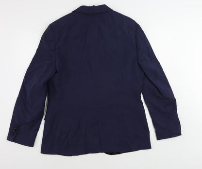 Back view of ASOS men’s blue polyester tuxedo suit jacket, size 42, regular
