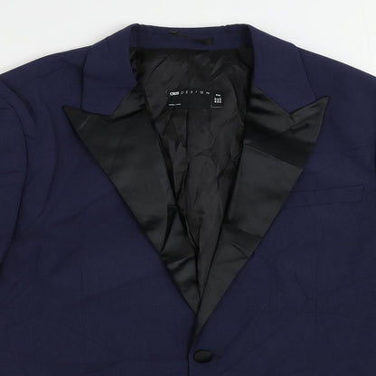 Close-up detail of ASOS men’s blue polyester tuxedo suit jacket, size 42, regular