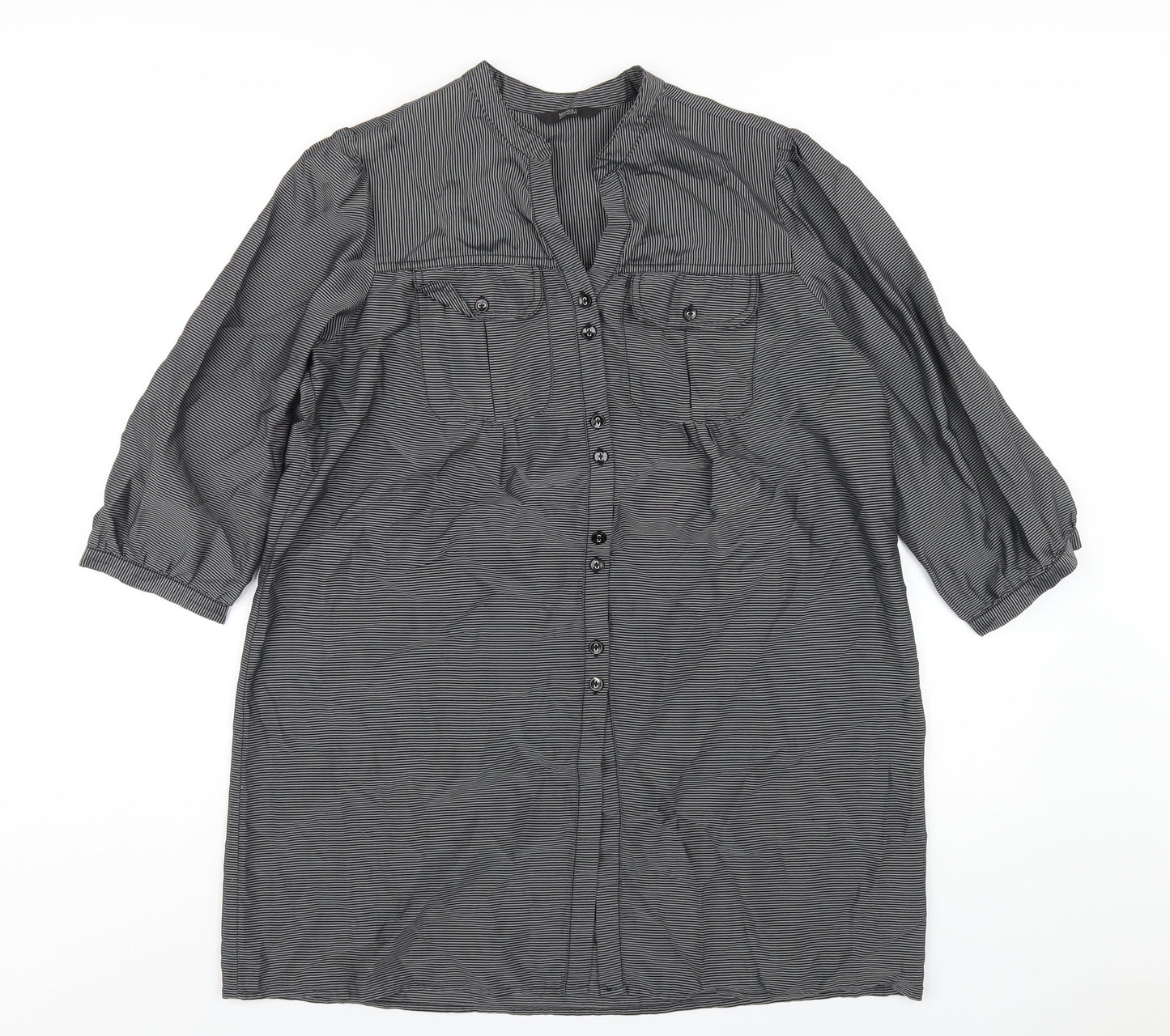 Marks and Spencer Womens Grey Striped Viscose Basic Button-Up Size 14 V-Neck
