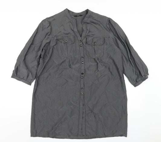 Marks and Spencer Womens Grey Striped Viscose Basic Button-Up Size 14 V-Neck