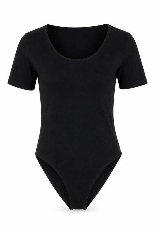 Front view of Miss Selfridge women’s black cotton bodysuit one-piece, size UK 6, snap