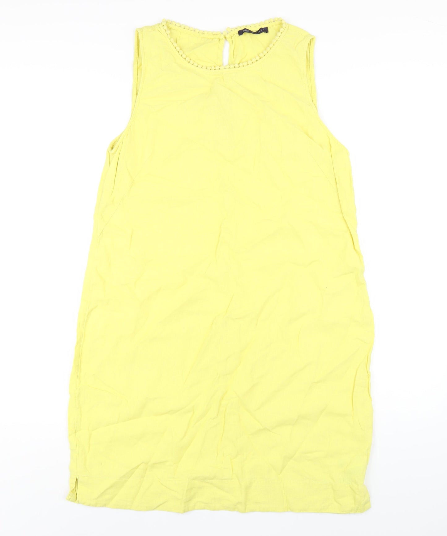 Marks and Spencer Womens Yellow Linen A-Line Size 14 Round Neck Button
