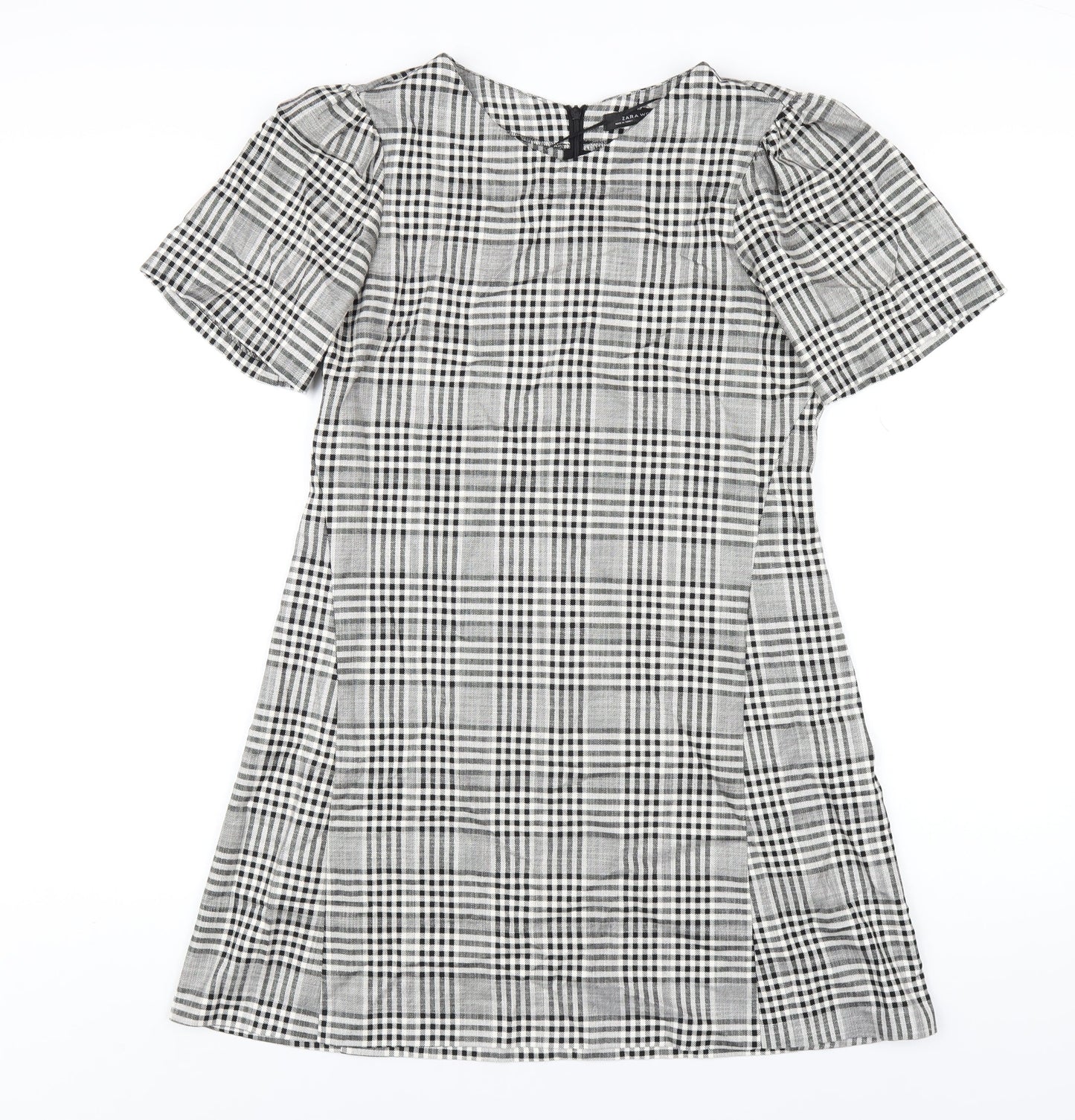 Zara Womens Grey Plaid Viscose A-Line Size S Round Neck Zip