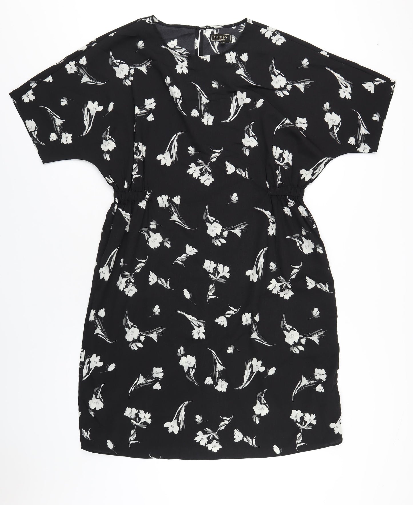 Lipsy Womens Black Floral Polyester A-Line Size 14 Round Neck Button