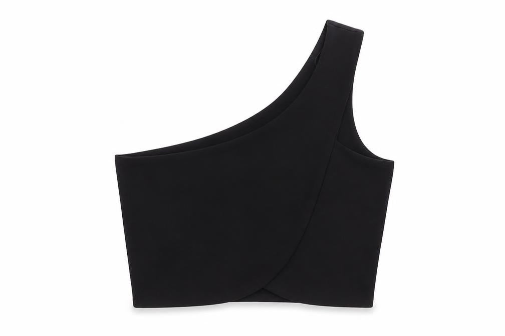 Zara Womens Black Polyester Cropped T-Shirt Size L One Shoulder