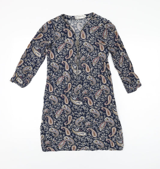 Voulez Vous Womens Blue Paisley Viscose Mini Size 8 V-Neck Zip