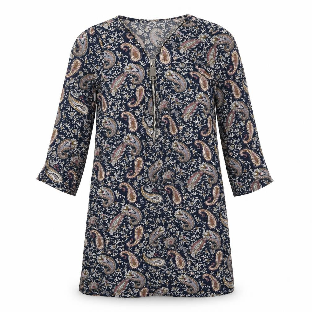 Voulez Vous Womens Blue Paisley Viscose Mini Size 8 V-Neck Zip