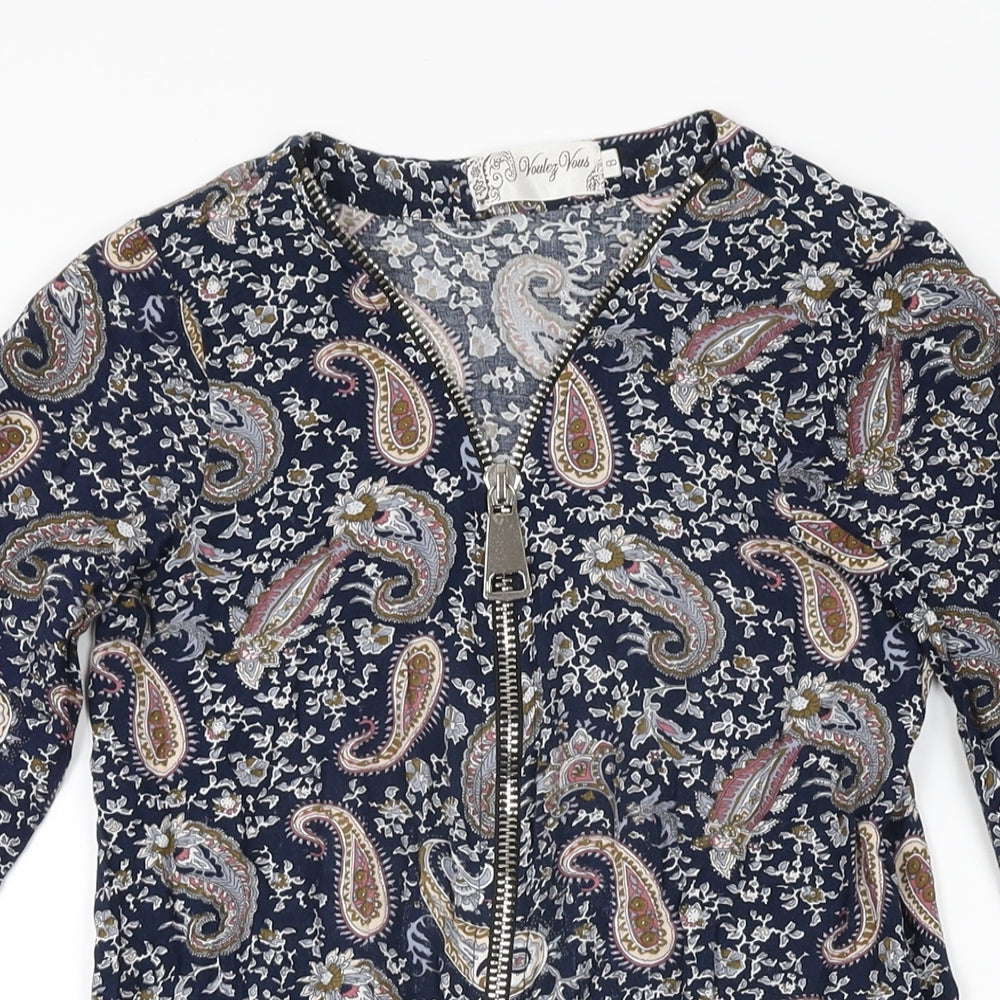 Voulez Vous Womens Blue Paisley Viscose Mini Size 8 V-Neck Zip