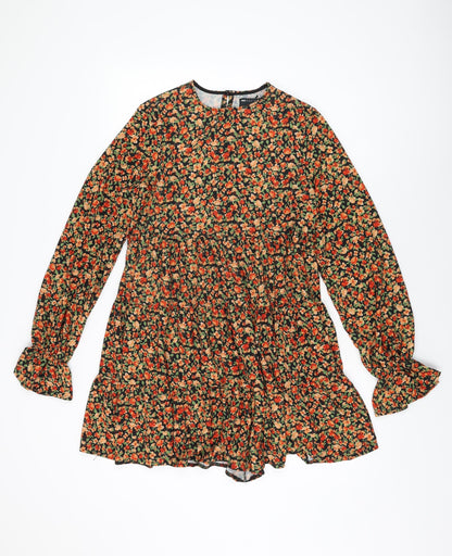 Additional front view of ASOS women’s black floral polyester shift, size UK 8, round neck button