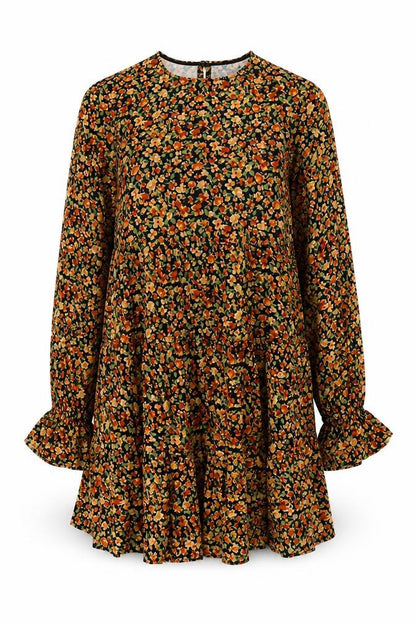 Front view of ASOS women’s black floral polyester shift, size UK 8, round neck button