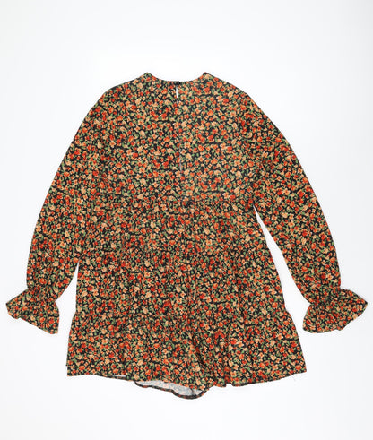Back view of ASOS women’s black floral polyester shift, size UK 8, round neck button