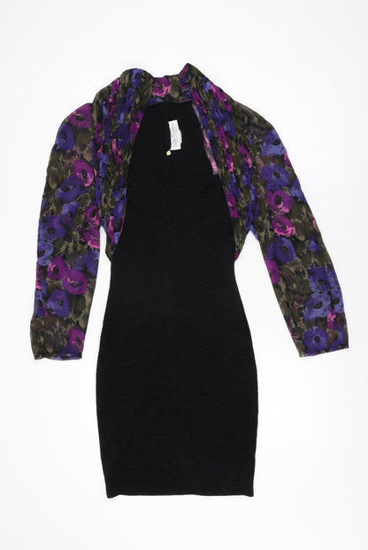 Unit Seven Womens Black Floral Polyester Bodycon Size 10 Square Neck Pullover