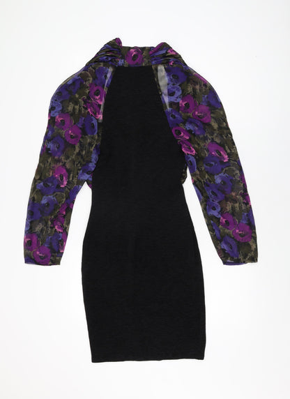 Unit Seven Womens Black Floral Polyester Bodycon Size 10 Square Neck Pullover