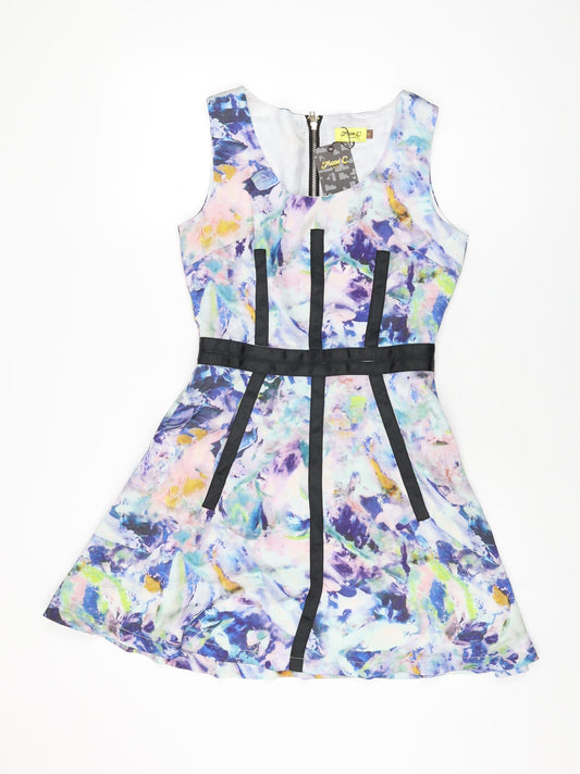 Max C Womens Multicoloured Geometric Polyester Skater Dress Size 8 Round Neck Zip