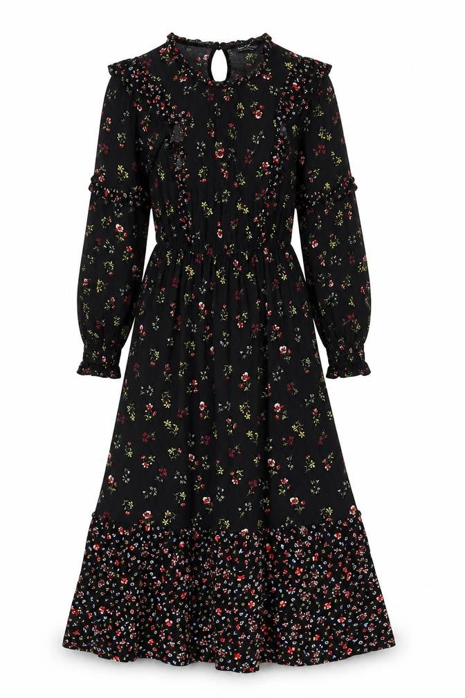 Marks & Spencer Womens Black Floral Viscose A-Line Size 8 Round Neck Button