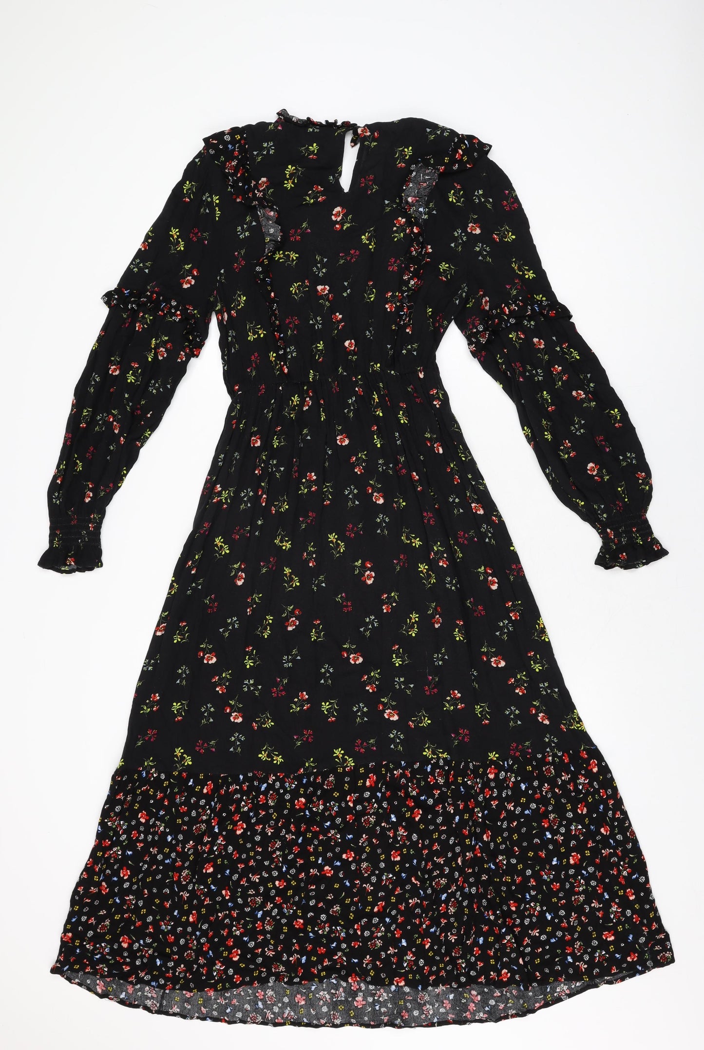 Marks and Spencer Womens Black Floral Viscose A-Line Size 8 Round Neck Button