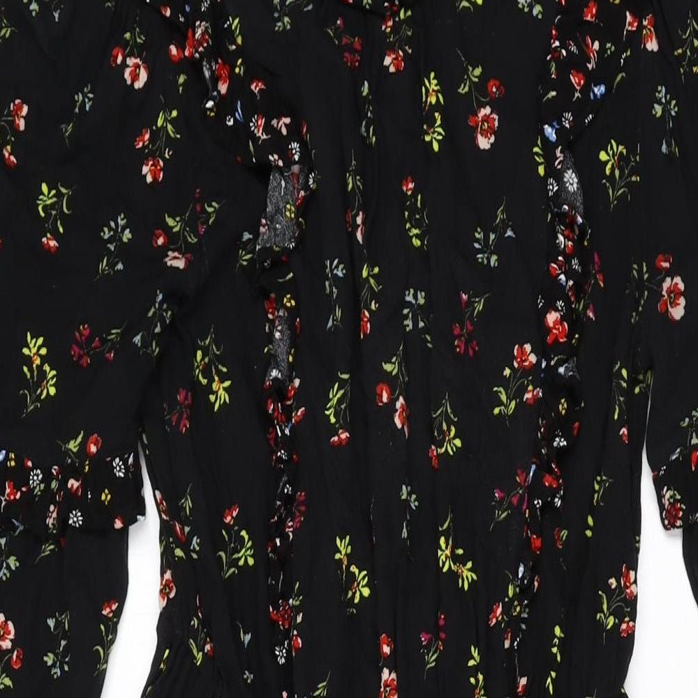 Marks and Spencer Womens Black Floral Viscose A-Line Size 8 Round Neck Button
