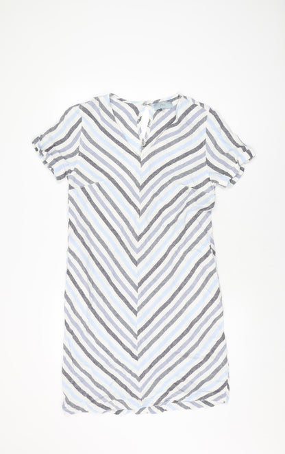 Next Womens White Striped Linen Shift Size 12 V-Neck Button