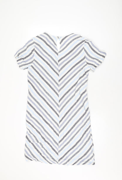 Next Womens White Striped Linen Shift Size 12 V-Neck Button
