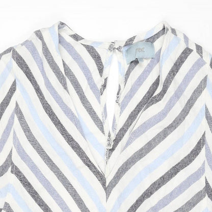 Next Womens White Striped Linen Shift Size 12 V-Neck Button