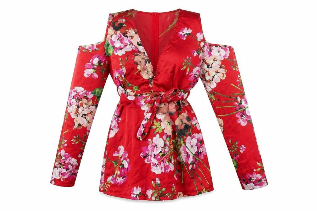 Missguided Womens Red Floral Polyester Mini Size 8 V-Neck Zip