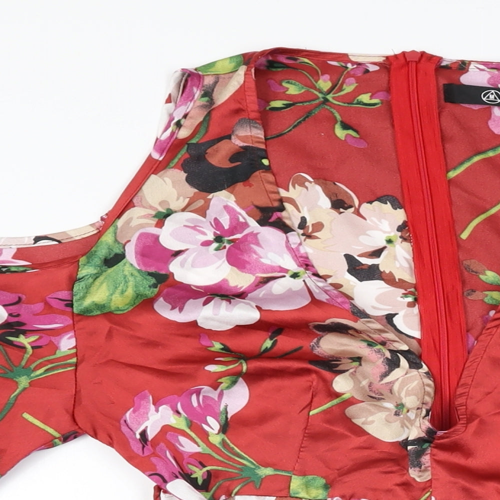 Missguided Womens Red Floral Polyester Mini Size 8 V-Neck Zip
