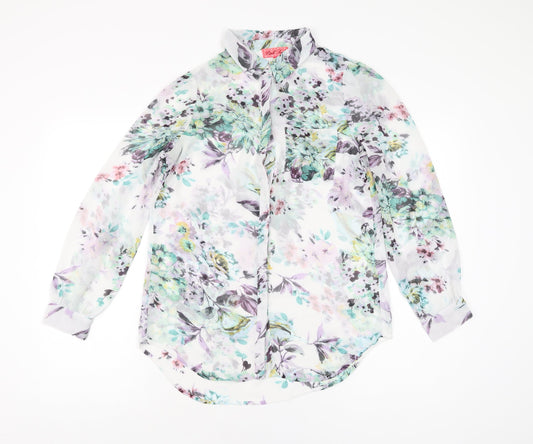Pink Soda Womens White Floral Polyester Basic Button-Up Size 8 Collared