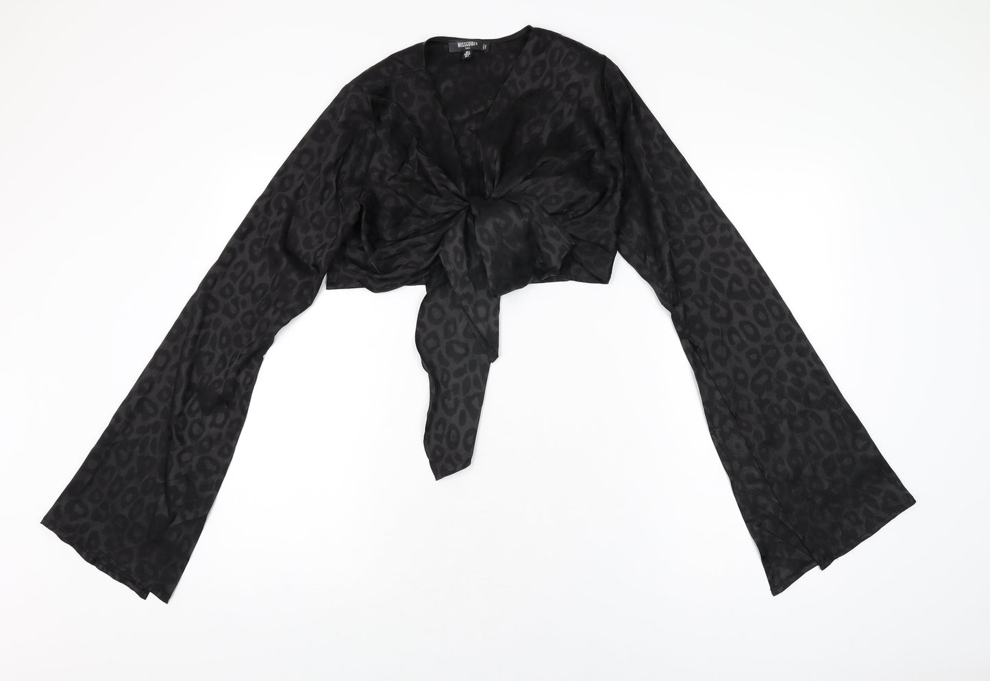 Missguided Womens Black Animal Print Polyester Cropped T-Shirt Size 8 V-Neck