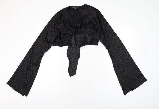 Missguided Womens Black Animal Print Polyester Cropped T-Shirt Size 8 V-Neck