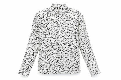 Front view of ASOS women’s white geometric polyester basic button-up, size UK 8, collared