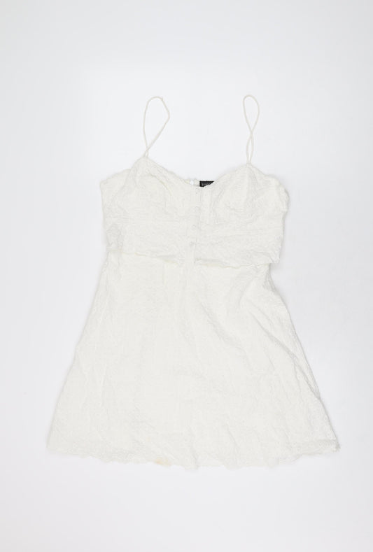 Topshop Womens White Geometric Cotton Skater Dress Size 12 V-Neck Zip