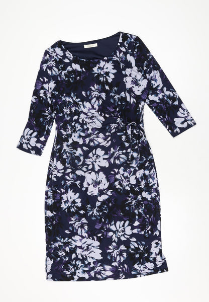 Additional front view of Kaliko women’s blue floral polyester bodycon, size UK 10, round neck pullover